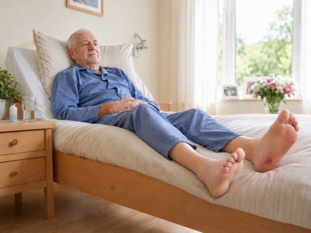 Senior mit Fersendruckgeschwuer liegt im Bett